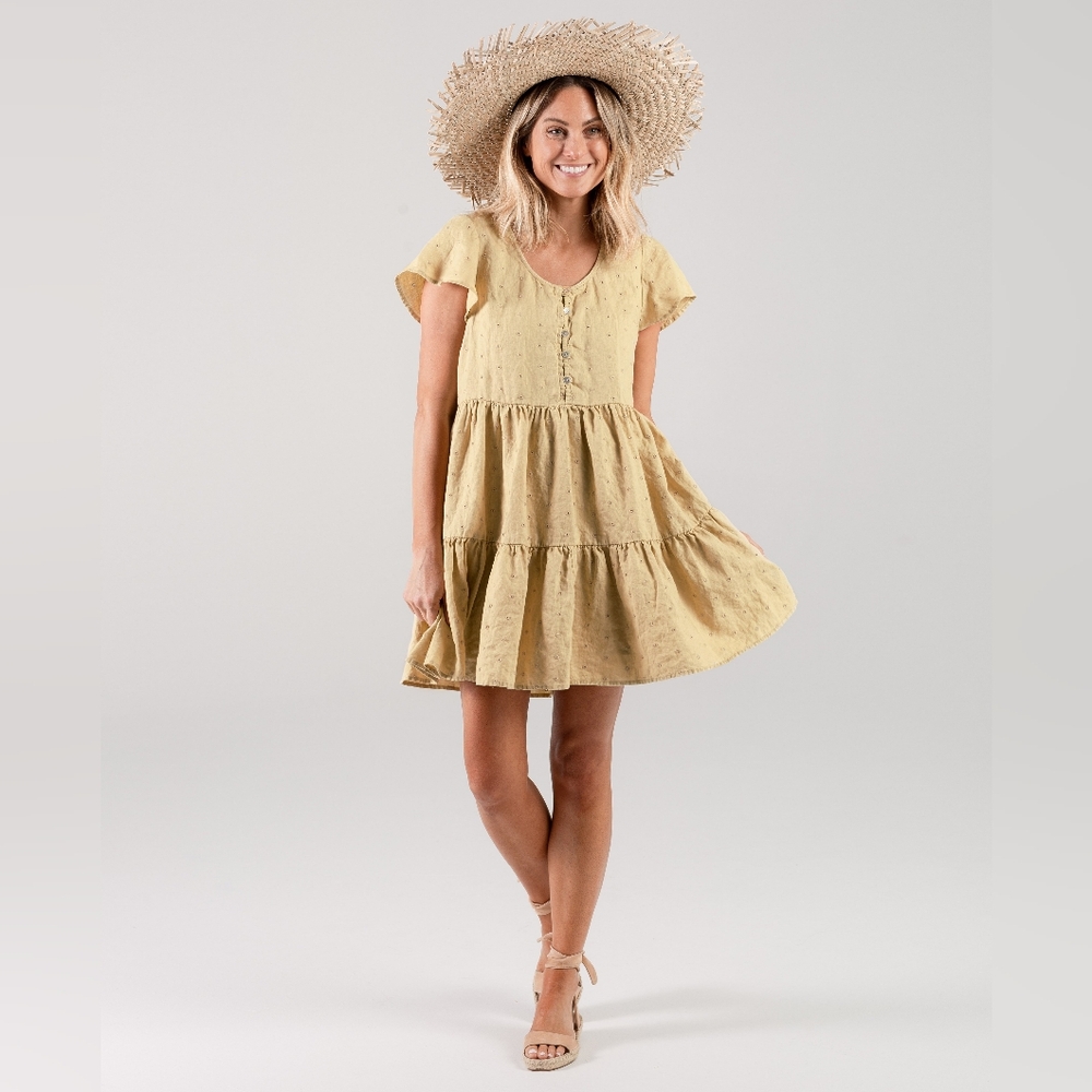 Rylee + Cru Mustard Yellow Tiered Mini Dress